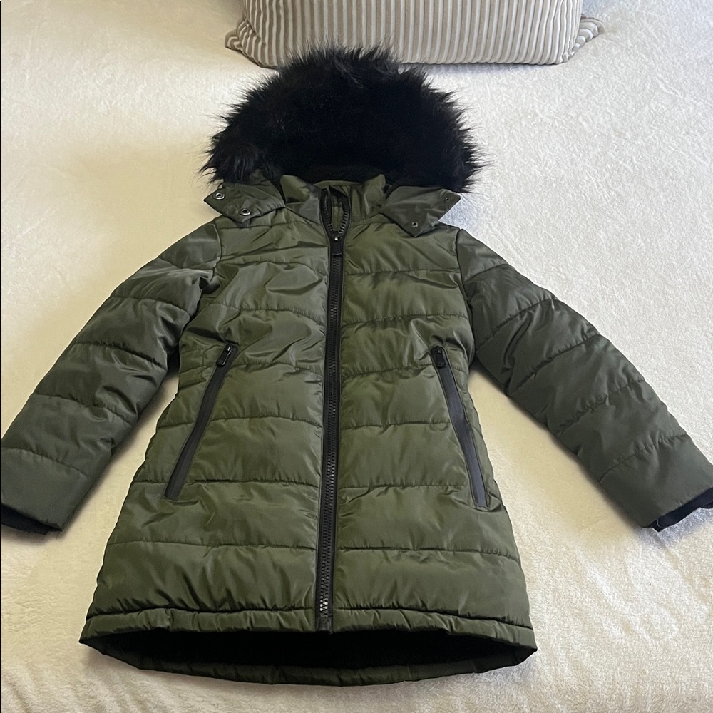 Kenzie Olive Puffer Coat with Black Faux Fur Hood